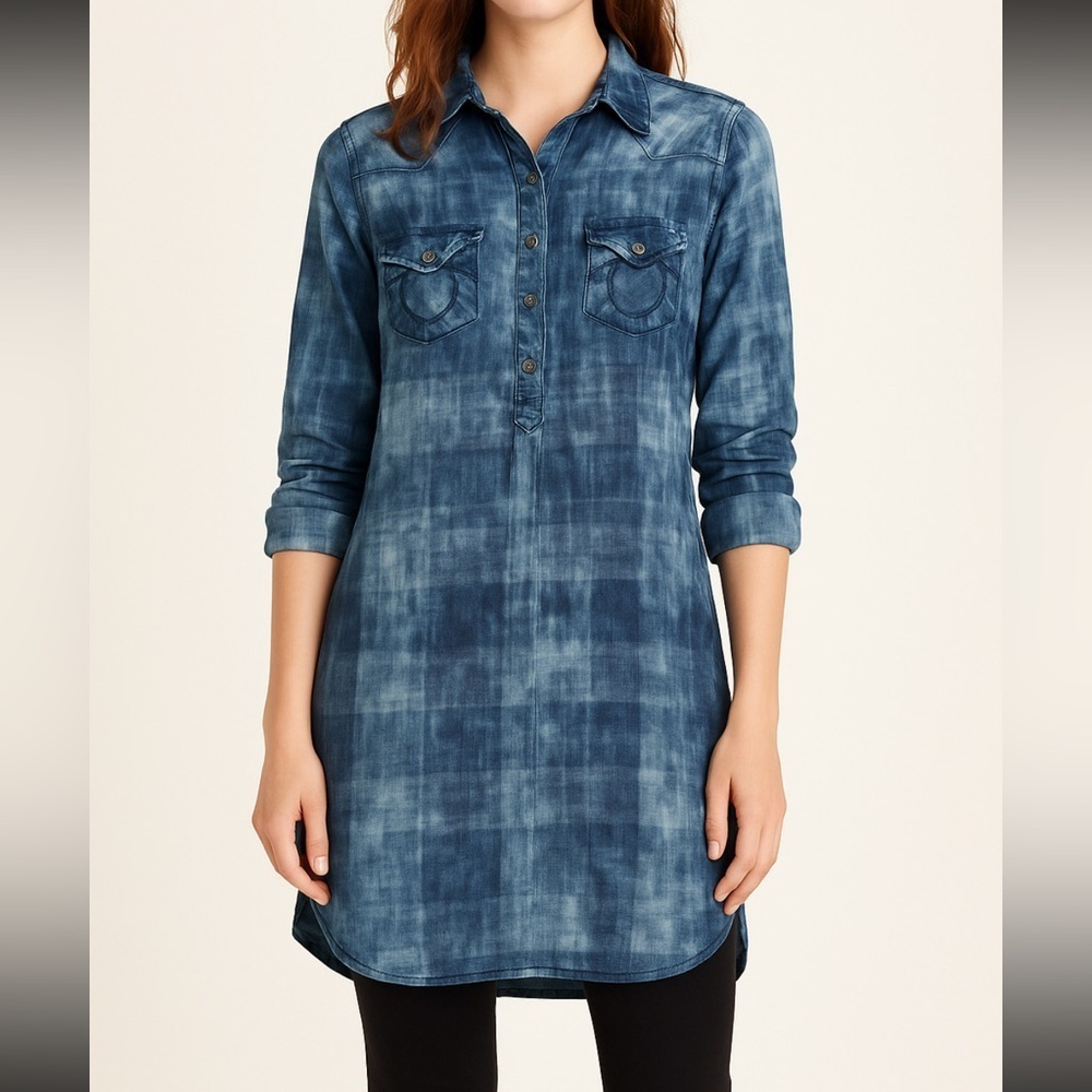 True Religion Georgia LS‎ Dress Plaid Indigo Tie-Dye Western Shirt Dress Small